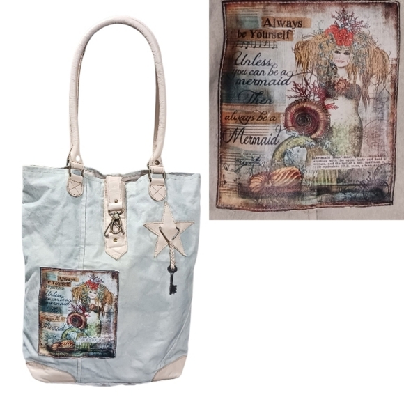 Vintage Addiction Handbags - Vintage Addiction Mermaid Canvas Leather Tote